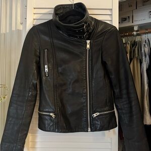All Saints Leather Biker Jacket with funnel neck